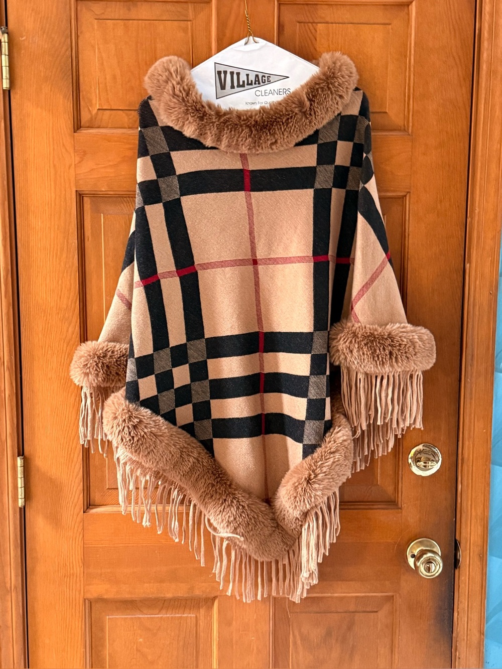 Plaid Faux-Fur Trim Poncho in Camel by